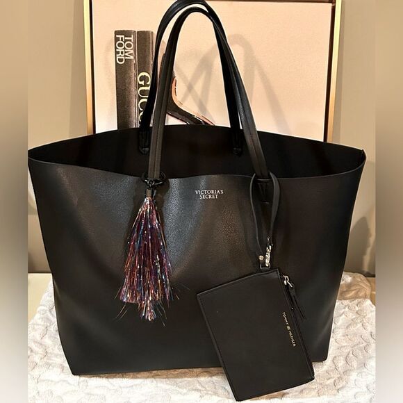 Victoria's Secret Large Black Tote with wristlet Colorful Tassel - Picture 1 of 7
